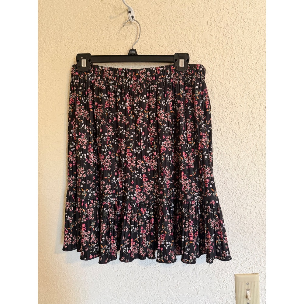 Loft Women Medium Black Floral Pleated Tiered Ruffle Hem Skirt Boho Summer